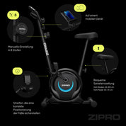 ZIPRO Ergometer Heimtrainer Fahrrad mit 8-Stufigem Magnetwiderstand, Smartphone-Halter, LCD-Monitor, Verstellbarem Sattel, Hometrainer Fahrrad für Cardiotraining zu Hause, Leichtes Fitnessbike
