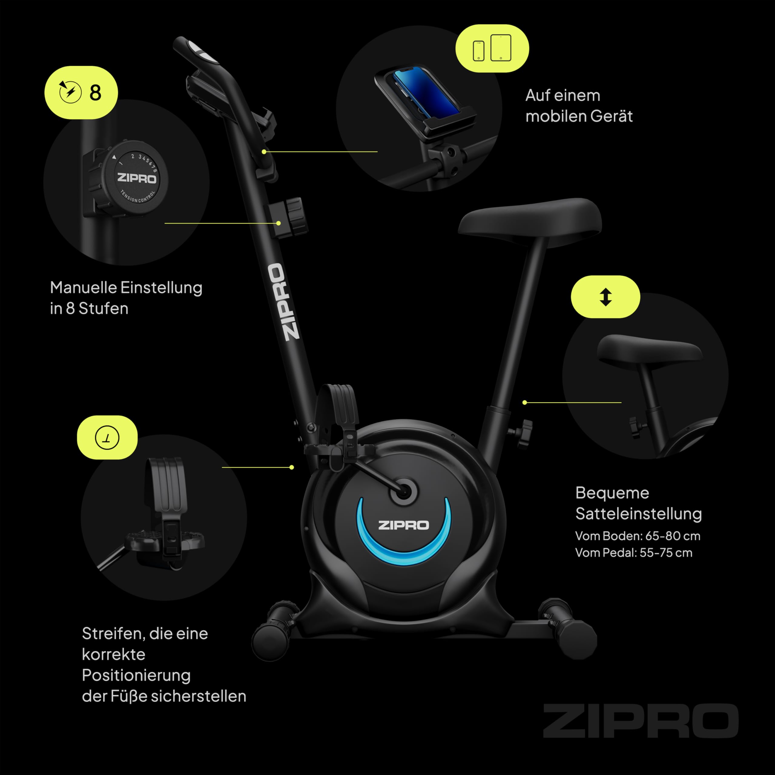 ZIPRO Ergometer Heimtrainer Fahrrad mit 8-Stufigem Magnetwiderstand, Smartphone-Halter, LCD-Monitor, Verstellbarem Sattel, Hometrainer Fahrrad für Cardiotraining zu Hause, Leichtes Fitnessbike